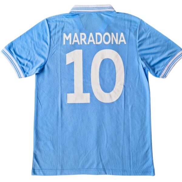 Diego Maradona Napoli #10 1986-1987 retro football jersey back view with number 10 in sky blue - whiite background