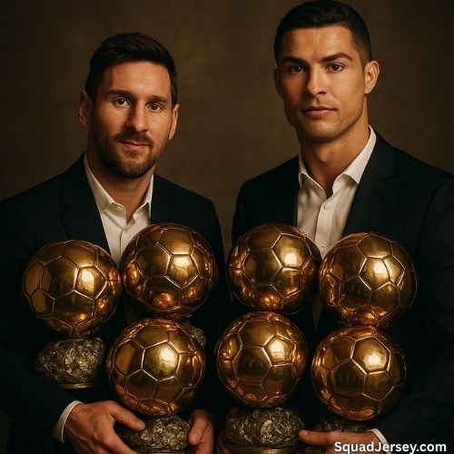 Cristiano Ronaldo and Lionel Messi hold A lot of ballon dor their hands, arm to arm with Black suits
