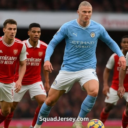 Haaland with Man City Blue Jersey v Arsenal Players with Red Home Jersey 21 Sep 2025