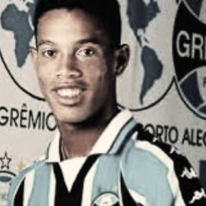 Young Ronaldinho wearing a Gremio jersey during his early football days in Porto Alegre, Brazil, 1998