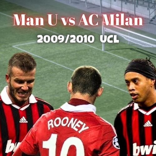 Ronaldinho wearing the AC Milan jersey standing with teammate David Beckham before a UEFA Champions League match, alongside Manchester United’s Wayne Rooney in his red Man U jersey