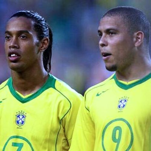 Ronaldinho and Ronaldo Nazário wearing the Brazil national team jerseys, standing together before an international match