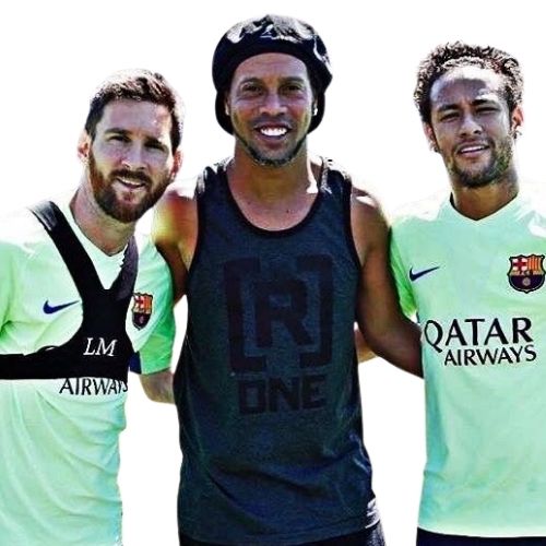 Ronaldinho standing alongside Neymar and Lionel Messi, smiling together for a memorable photo