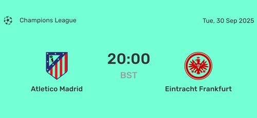 Atlético Madrid vs Eintracht Frankfurt UEFA Champions League 2025-2026 match fixture table showing points, rankings, and match date, displayed on a blue neon-themed background with sleek, modern styling. Squad Jersey Table Mode
