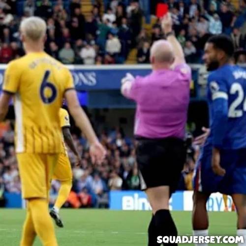 Referee showing a red card to Chelsea defender Chalobah during the 1-3 defeat against Brighton