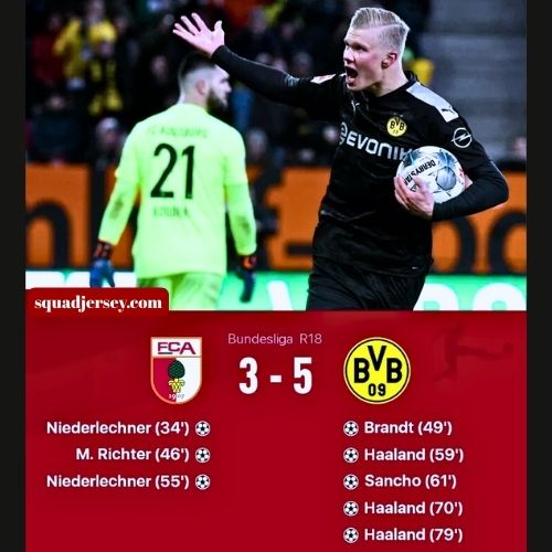 Erling Haaland in Borussia Dortmund black jersey scoring a hat-trick in 20 minutes against Augsburg, match score 5-3 displayed below