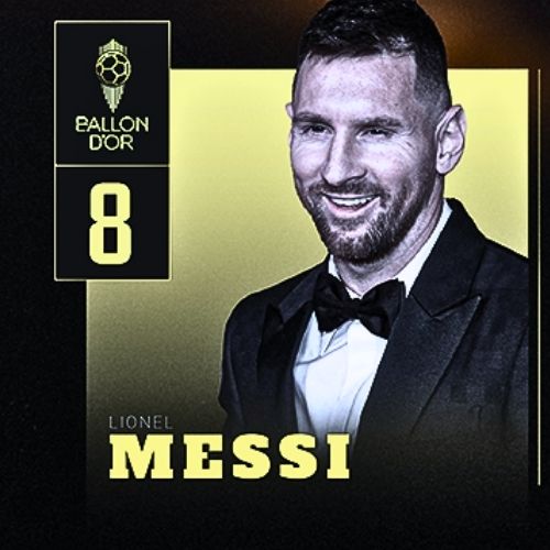 Lionel Messi standing proudly on stage holding his eighth Ballon d’Or trophy, surrounded by the other seven golden trophies displayed on elegant podiums.