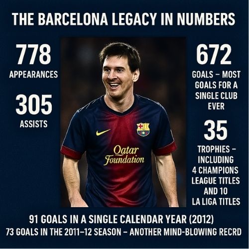 An infographic featuring Lionel Messi celebrating in a Barcelona jersey at Camp Nou, surrounded by his legendary career statistics. The design highlights his 778 appearances, 672 goals — the most goals ever scored for a single club — 305 assists, and 35 trophies, including 4 Champions League titles and 10 La Liga titles. At the bottom, a special section emphasizes his historic achievements between 2009 and 2012, including 91 goals in a single calendar year (2012), a record that still stands, and 73 goals in the 2011–12 season. The background uses Barcelona’s signature blue and red colors with a clean, modern layout, capturing the essence of Messi’s dominance.