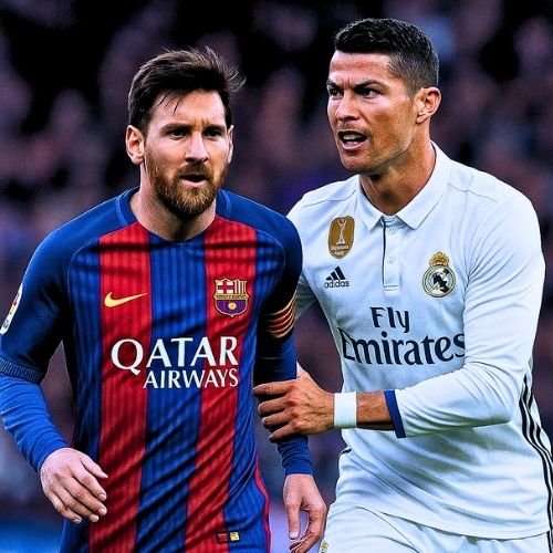 Lionel Messi in a classic Barcelona jersey and Cristiano Ronaldo in a White Real Madrid jersey face off on the pitch, capturing the intense rivalry between the two football legends.