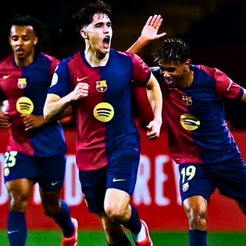 Barcelona players in jersey, Lamine Yamal, Ferran Torres, and Raphinha celebrate a goal together after their 3-0 win against Getafe on September 21, 2025.